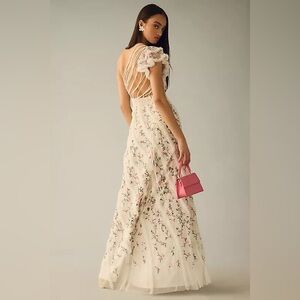 Mac Duggal Floral Embroidered Maxi Dress - Cream and Pink